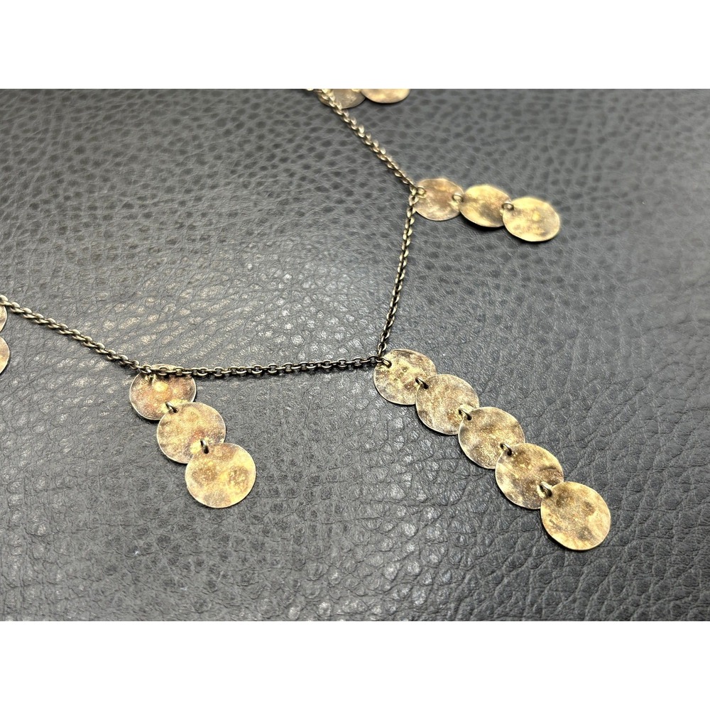 VTG Sterling Silver Antiqued Vermeil Hammered Disc Coin Dangle Bib Necklace